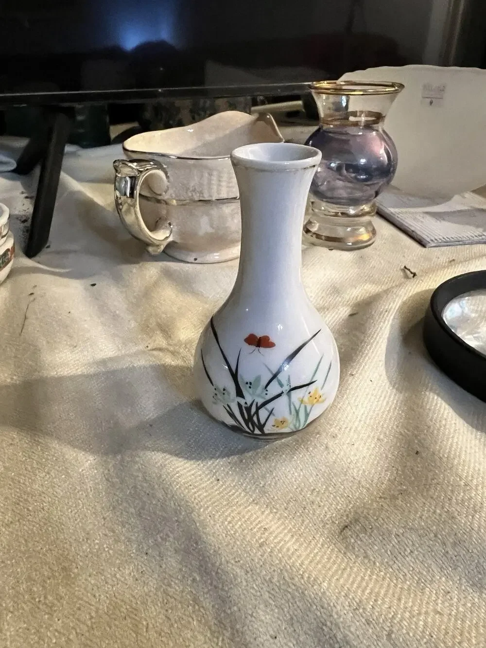 Small Bud Vase White With Flowers and Butterfly